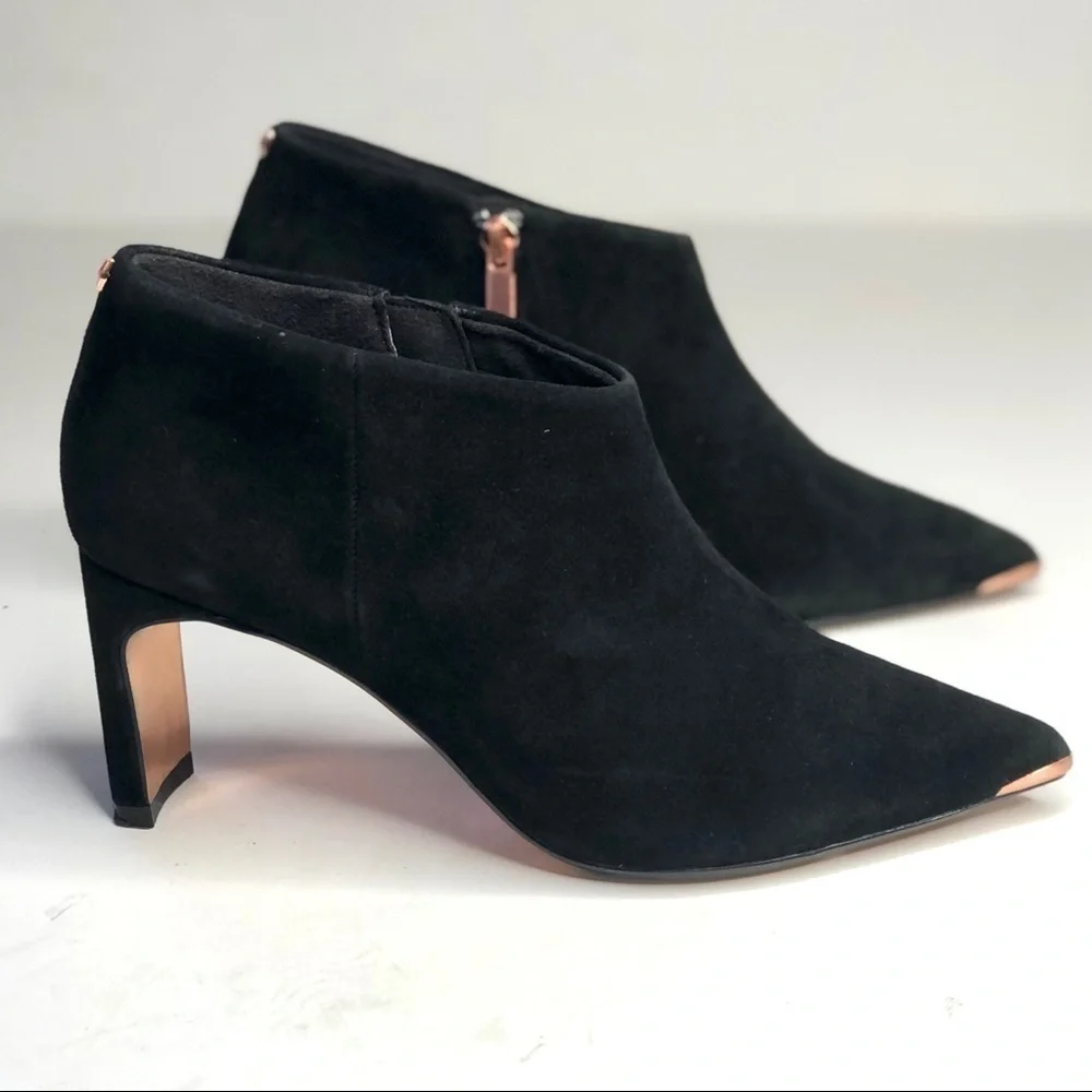 Ted Baker Leiyla black suede ankle booties pointy toe copper rose gold hardware